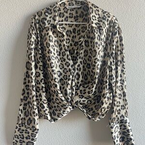 Zara Leopard Print Cropped Blouse - Black and Cream